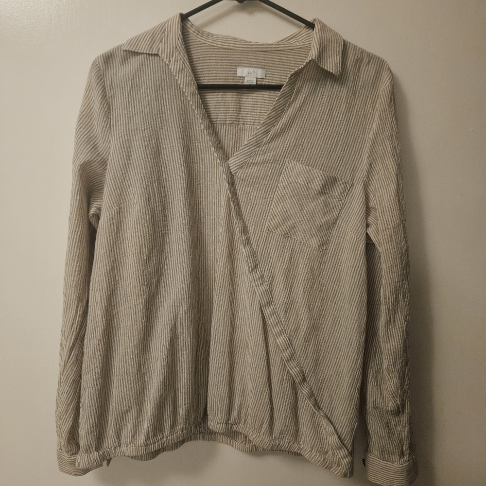 J Jill Linen Medium Striped Beige Long Sleeve Blouse Shirt